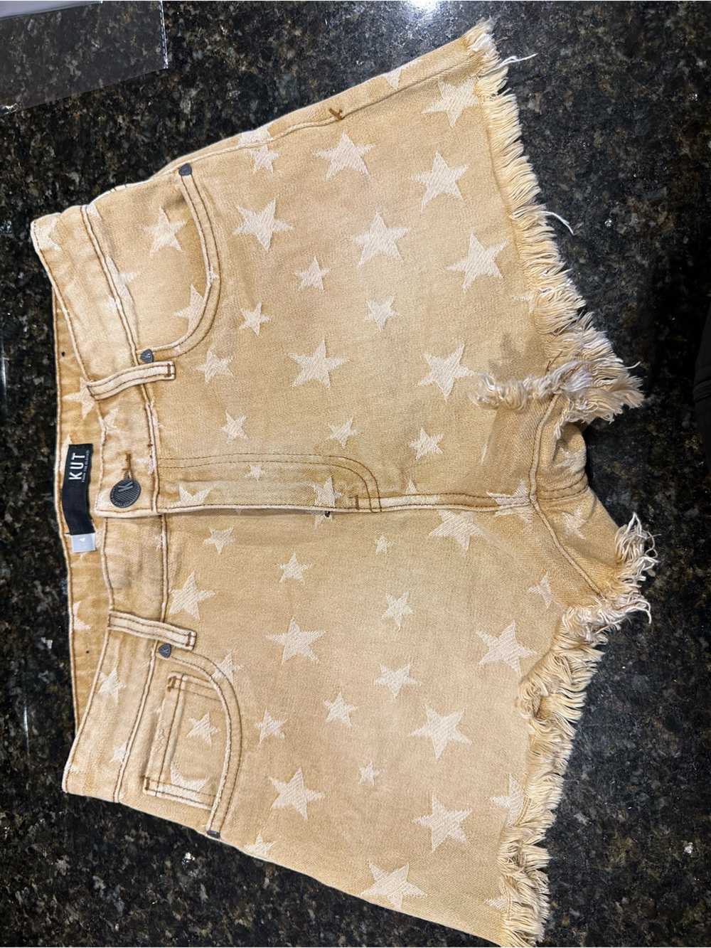 #311 Kut from the Kloth Tan Star-Pattern Frayed Hem Denim Shorts